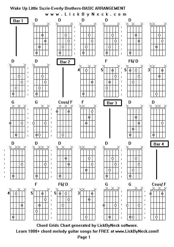 Chord Grids Chart of chord melody fingerstyle guitar song-Wake Up Little Suzie-Everly Brothers-BASIC ARRANGEMENT,generated by LickByNeck software.